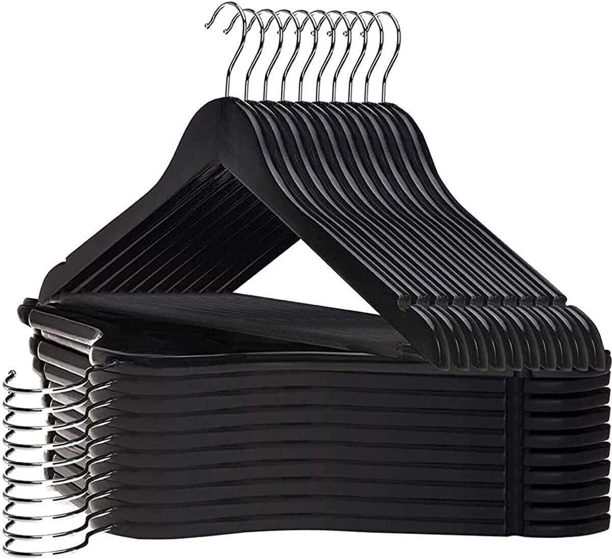 12 Adet Ahşap Görünümlü Plastik Askı, Siyah, Elbise Gömlek Pantolon Kıyafet Askısı Kalın Sağlam Malzeme
