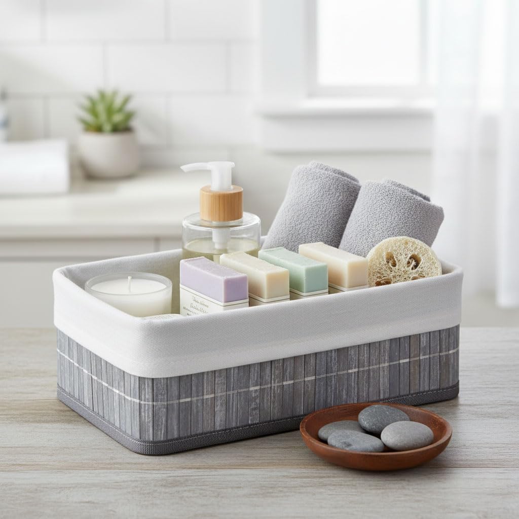 Bambu Detaylı Çok Amaçlı Saklama Kutusu – 25x15x8 cm Dekoratif Kumaş Organizer | Mutfak, Banyo, Dolap İçi ve Raf Düzenleyici | Çekmece İçi Derin Organizer Kutu Gri