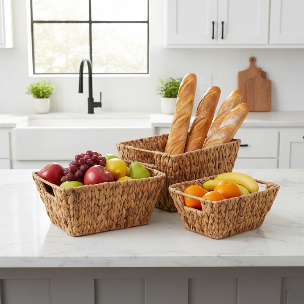 3'lü Doğal Hasır Sepet Seti – Çok Amaçlı Banyo ve Mutfak Düzenleyici, Tutma Saplı Dekoratif Dikdörtgen Saklama Kutusu (Küçük-Orta-Büyük Boy) Dikdörtgen