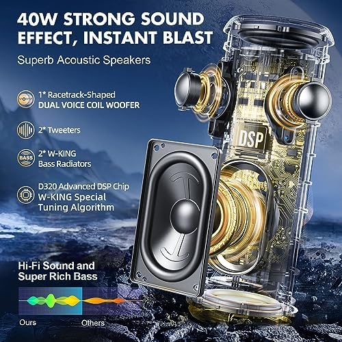 W-KING Bluetooth Hoparlörler - IP67 Su Geçirmez Dış Mekan Taşınabilir Kablosuz Hoparlör, 40W HD 360° Işıklı Surround Ses, Özel EQ ve Derin Bas/V5.3/DSP/24H/TF/AUX, Toz Geçirmez, Duş, Kamp için