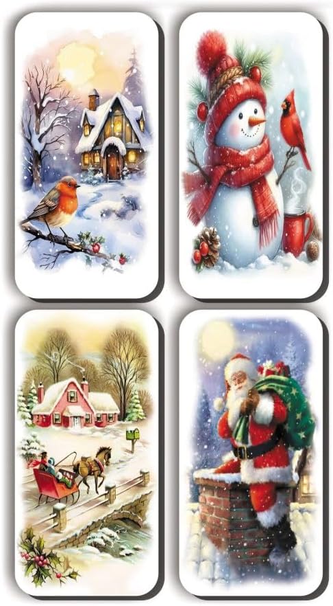 4 lü Simli Magnet Yeniyıl Yılbaşı Kardan Adam Kar Manzaraları Hediye Magnet (5,5 x 11 cm)