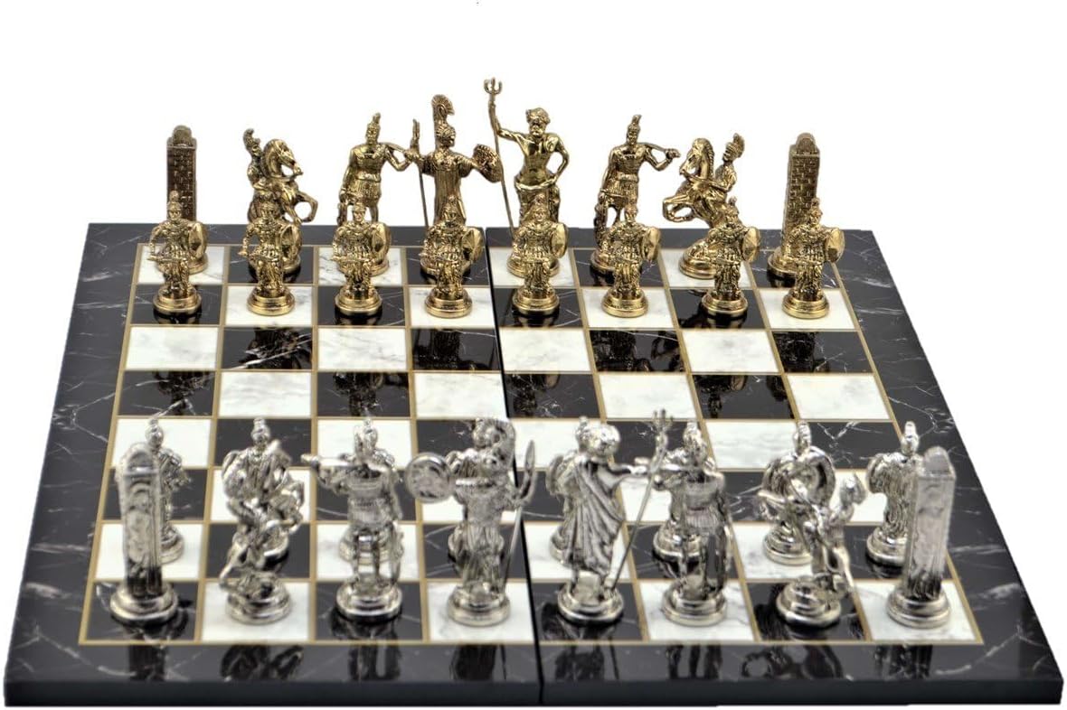 Gifthome, Metal Satranç Takımı/Seti; Battal,Yunan,Parlak, Kat.Mermer Desenli Satranç Tahtası
