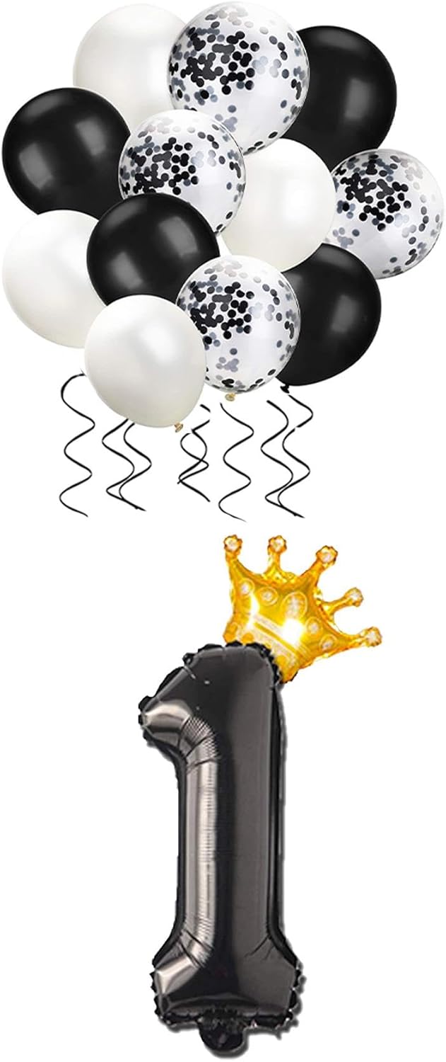 1 Rakam Siyah Folyo Balon, Kral Tacı Ve Konfetili Siyah Balon Set