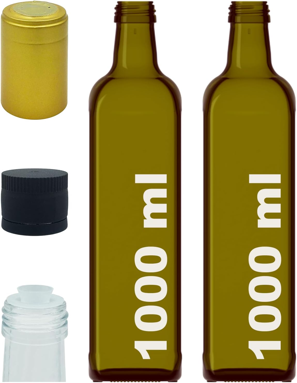 1000 ml Yeşil Maraska Yağdanlık Kapaklı Ve Kapüşonlu 1000 Cc Köşeli Cam Şişe 2 Adet