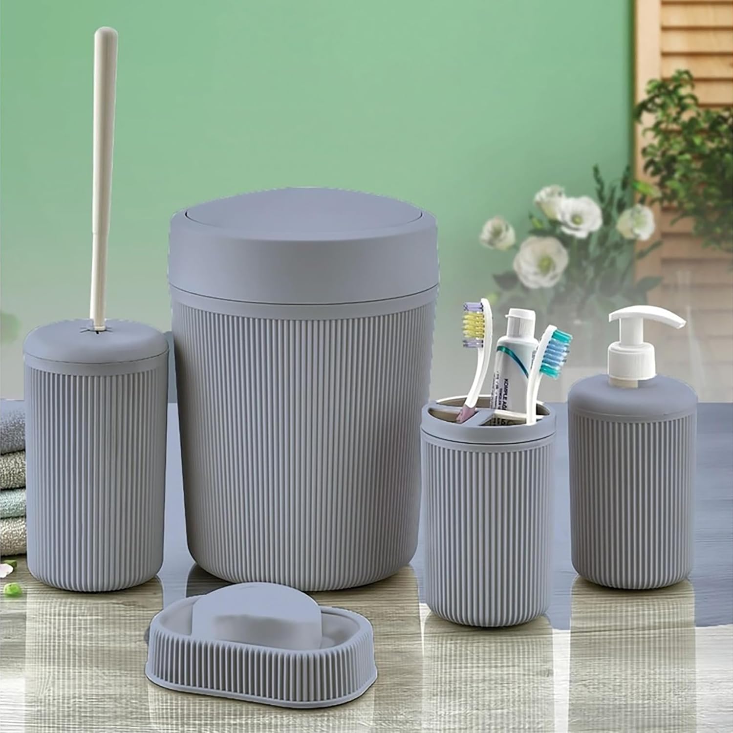 Banyo Seti, Çöp Kovası, Sıvı Sabunluk, Diş Fırçalık, Sabunluk ve Tuvalet Fırçası, 5 Parça (Gri)