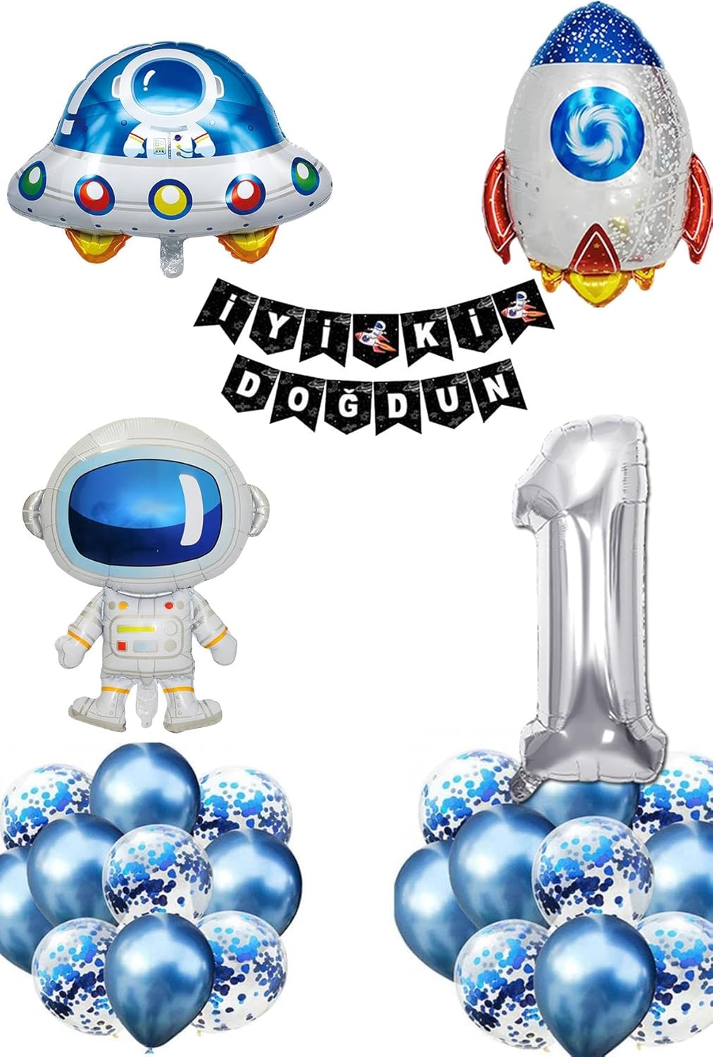 Patladı Gitti Uzay Konsepti 1 Yaş Doğum Günü Parti Kutlama Seti; Astronot, Ufo Ve Uzay Gemisi Folyo Balon Set