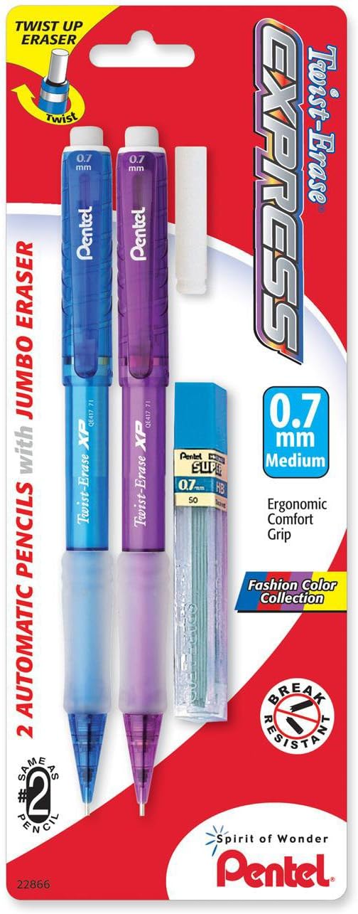 Twist-Erase EXPRESS Kurşun ve Silgili Otomatik Kalem, 0,7 mm, Çeşitli Variller, 2'li Paket (QE417FLEBP2)