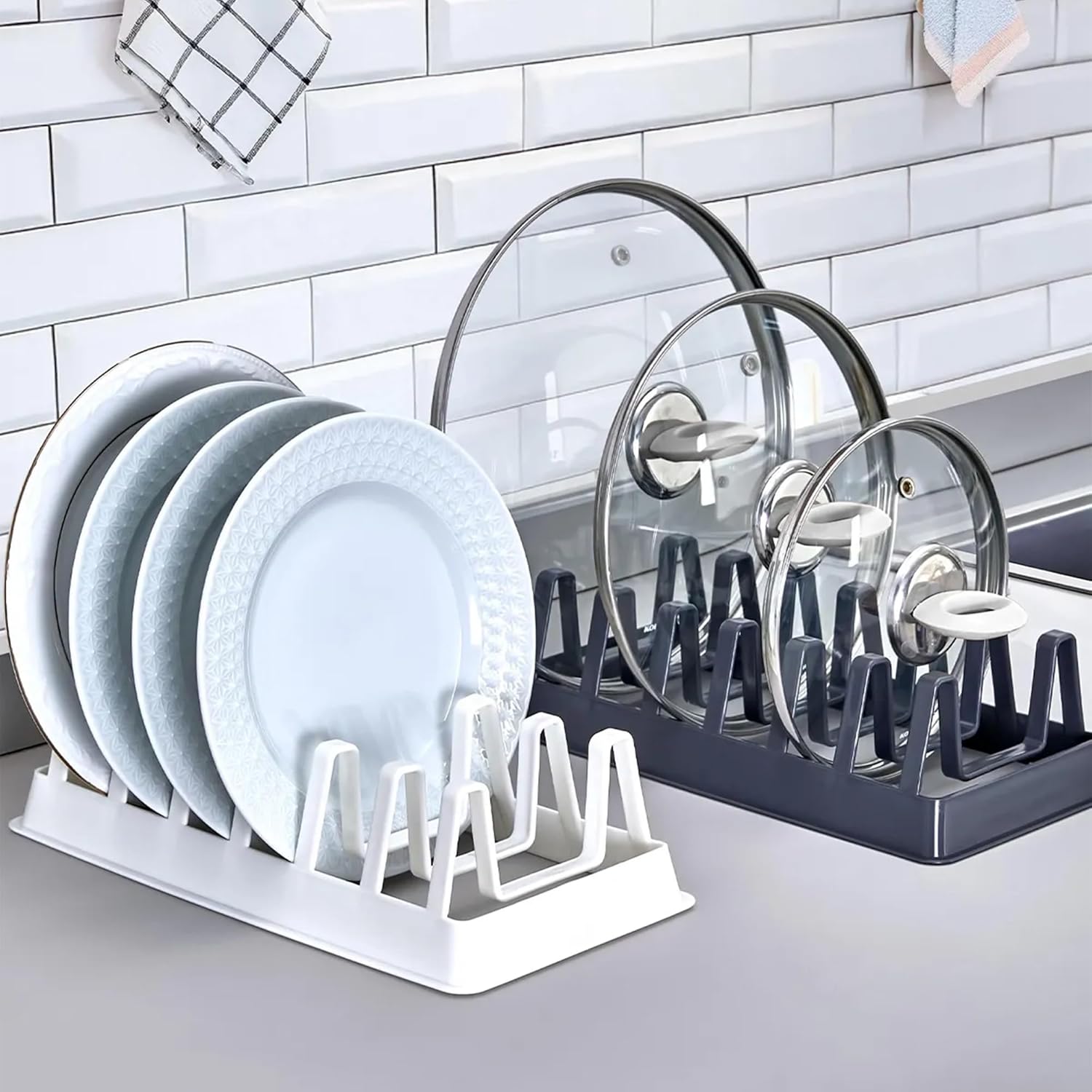 6 Bölmeli Dikey Tabak Standı, Mutfak Dolabı ve Tezgah Düzenleyici, Plastik Tabaklık Organizer, Beyaz/Gri