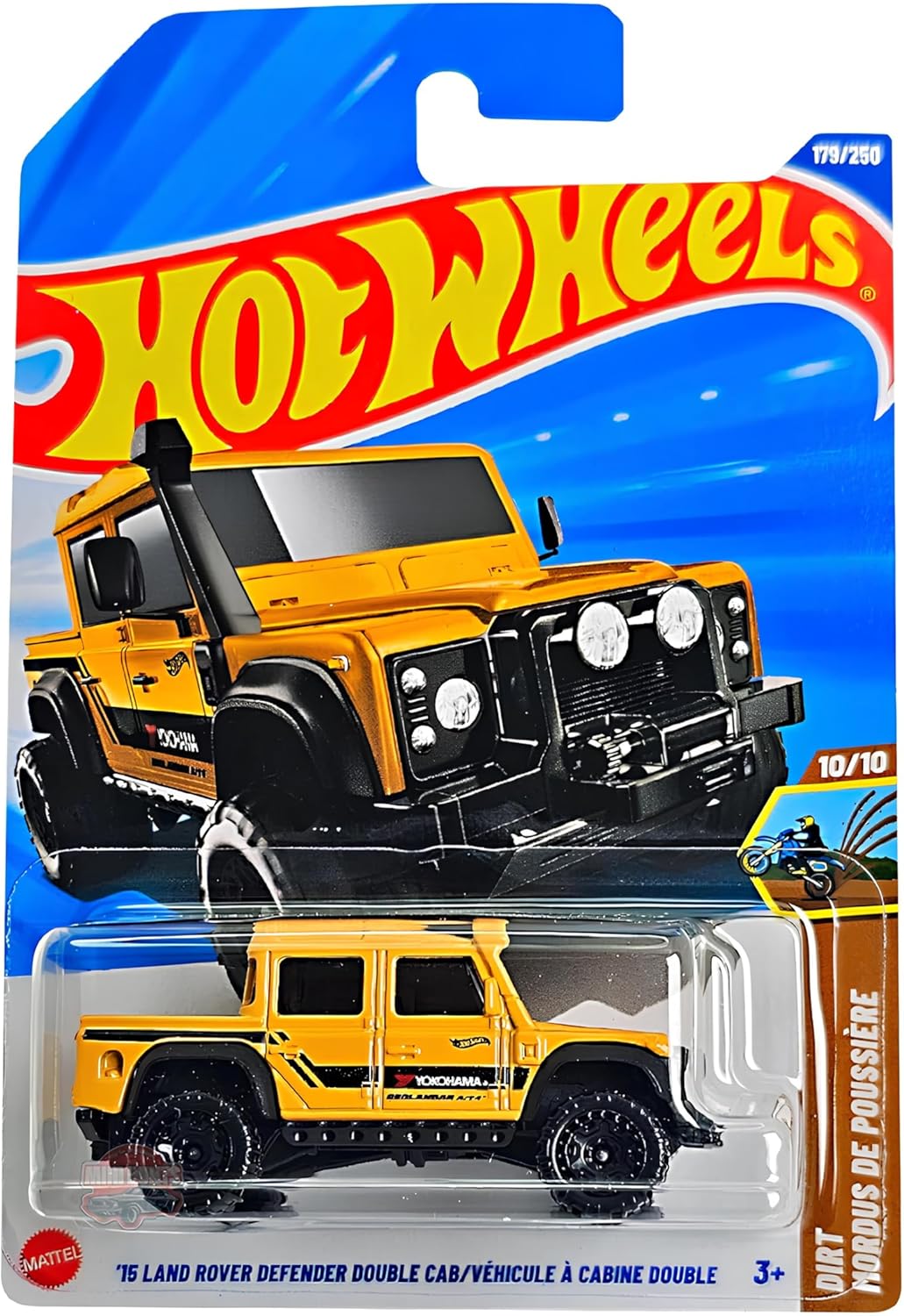 - '15 Land Rover Double Cab - Dirt 10/10 - JBC00 - Short Card - Sarı - Mattel 2025 - Lisanslı Land Rover & Yokohama Modeli, Dirt/Offroad Görünümlü 1:64 Ölçekli