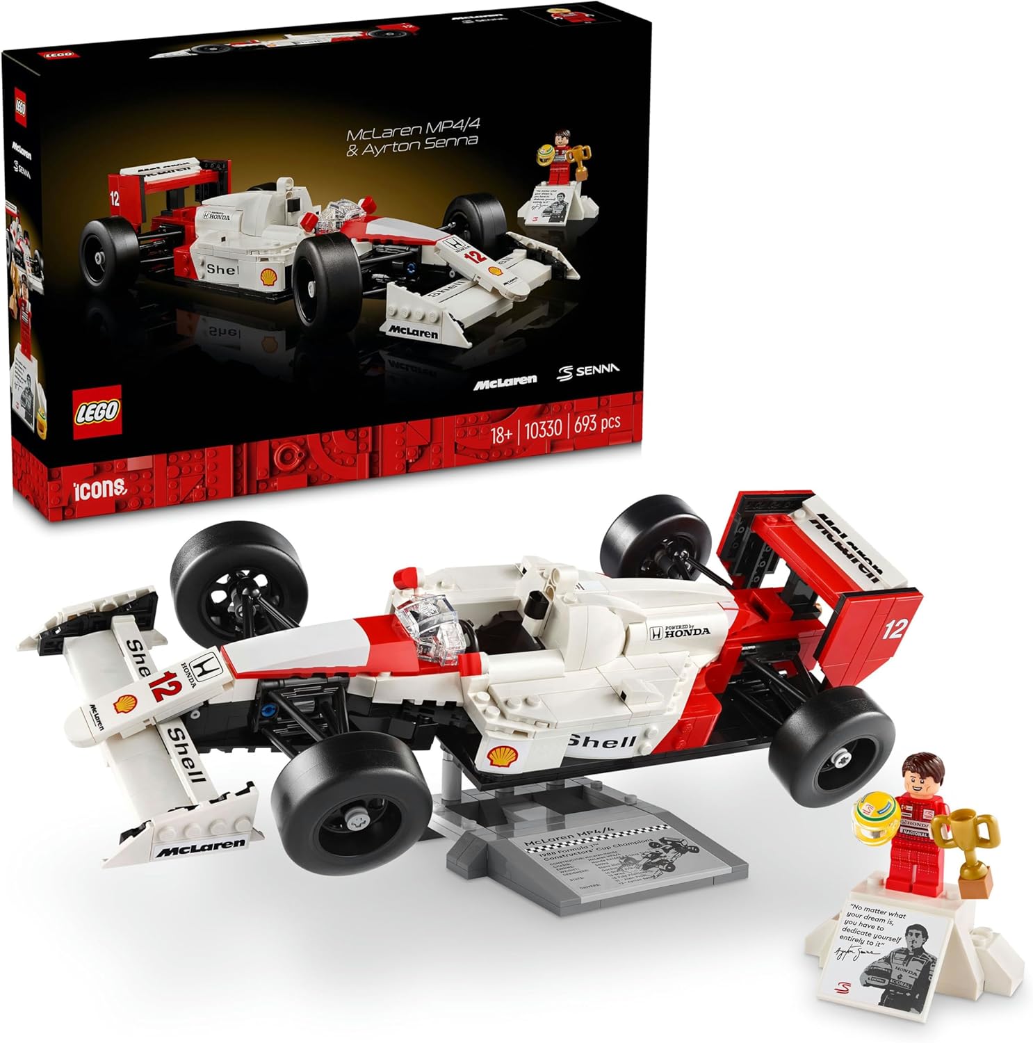 McLaren MP4/4 ve Ayrton Senna 10330 - Araç Tutkunu Yetişkinler için Koleksiyonluk Yaratıcı Model Araba Yapım Seti, Doğum Günü Hediyesi Fikri (693 Parça)