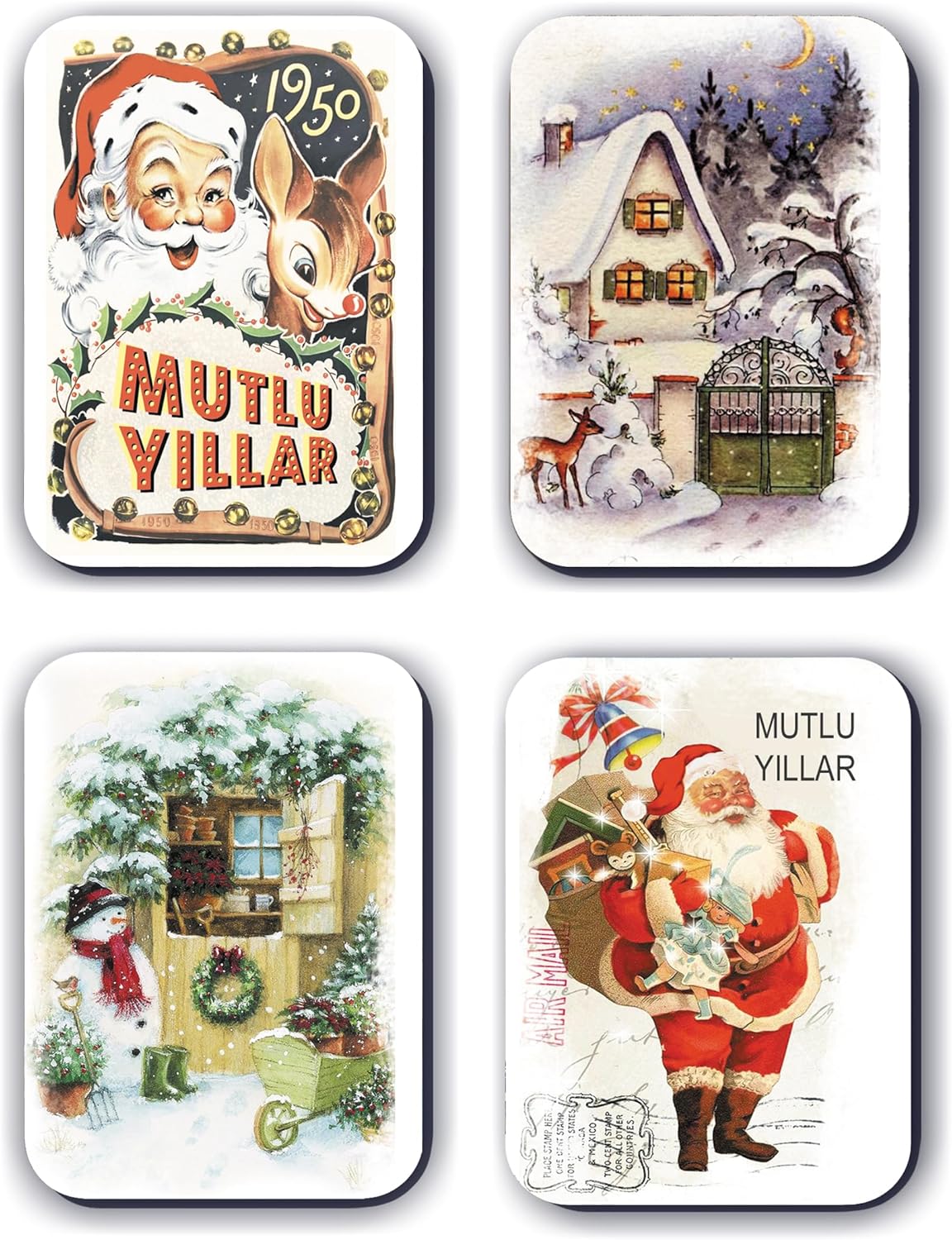 4 lü Simli Yılbaşı Kardan Adam Çam Ağacı Hediye Magnet (5,5 x 8 cm)