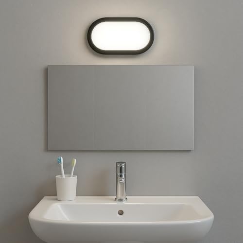 20W IP65 Oval Siyah LED Tavan ve Duvar Lambası | 6500K Beyaz Işık | Su Geçirmez Banyo Bahçe Aydınlatma Armatürü | 2000 Lümen | 270x147x78mm (220V)