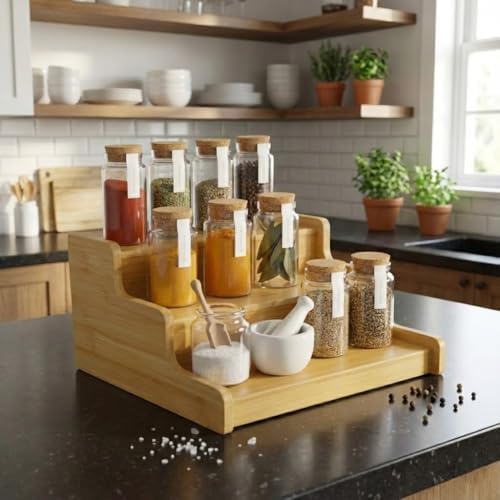 3 Katlı Doğal Bambu Baharat Rafı – Merdiven Tipi Tezgah Üstü Organizer, Mutfak ve Banyo İçin Çok Amaçlı Düzenleyici Raf, 24x22x11 cm