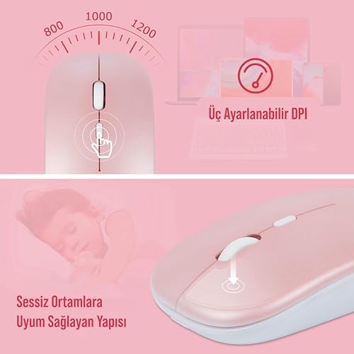 Windows//IOS Sistemi için Kablosuz Bluetooth Uyumlu Klavye Fare Seti Mini Ultra İnce Şarj Edilebilir Türkçe (Pembe)