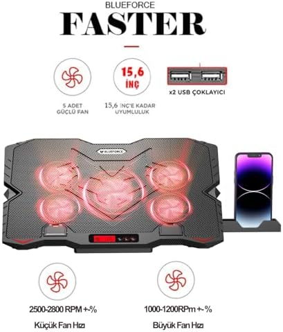 Sx-25 Faster 9-15,6" 5 Fanlı Notebook Soğutucu Stand Telefon Standlı Siyah