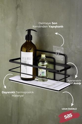 Yapışkanlı Ömür Boyu Paslanmaz Ayarlanabilir Raf Banyo Düzenleyici Şampuanlık Beyaz Siyah Lş-01 Sb