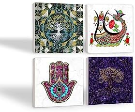 Hayat Ağacı, Fatma Ana Eli , Şahmeran Taş Bardak Altlığı Seti - 4 Parça - Dekoratif, Rustik Mutfak Aksesuarı, 10x10 cm, Kaydırmaz Tabanlı, Şık ve Dayanıklı SC489