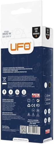 UFO 6lı Akım Korumalı Priz 5 metre Kablolu Grup Priz, Max 3500W 16 Amper Aşırı Yük Koruması 6lı Uzatma Kablosu Çoklu Priz Siyah Renk