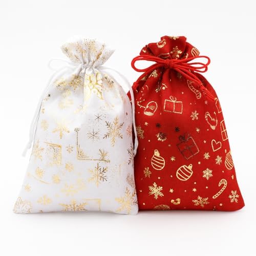 2’li Set 17x23 cm Yılbaşı Hediye Kesesi – Kırmızı & Beyaz Altın Yaldızlı Temalı Kumaş Çanta | Yılbaşı Hediye Paketi Kesesi