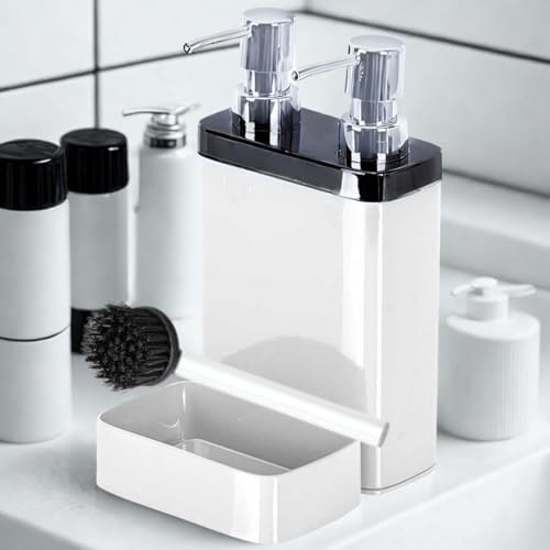 2’li Sıvı Sabun ve Bulaşık Deterjanı Dispenser Seti – Krom Kapaklı, Fırça ve Sünger Hazneli Şık Mutfak/Banyo Organizer