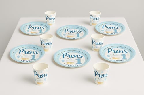 Prens 1 Yaşında Parti Sofra Takımı, 8 Kişilik, Mavi-Altın Renk, 8 Tabak ve 8 Bardak