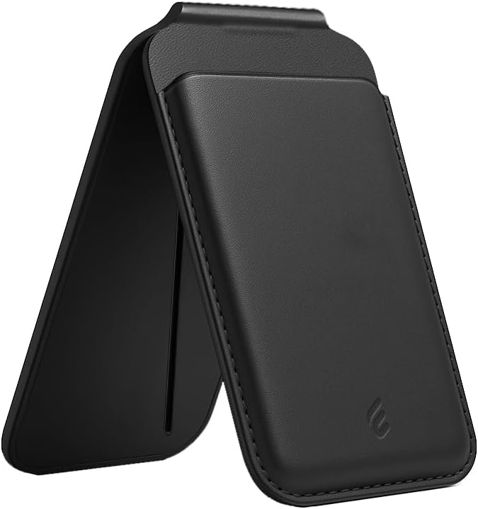 için ile Uyumlu 2’si 1 Arada Cüzdan ve Stand Manyetik Kartlık Yenilenmiş V2 Güçlü Mıktanıs ile Süper Yapışma ve Sağlam Tutuş (Siyah, Stand)