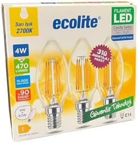 4W LED Filament Mum Ampul, E14 Duy, 2700K Sarı Işık, 470 Lümen, Şeffaf Cam, Akkor Görünümlü Dekoratif Lamba, 3'lü Paket