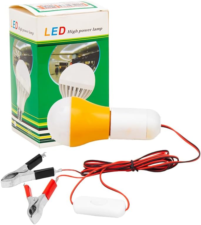 4 Metre Kablolu, Akü maşalı, 12 Volt, 10 Watt, Beyaz 6500K, Led Ampul, (DC 12 Volt Aküler İçin), Kamp, karavan, tekne, 1 Adet,