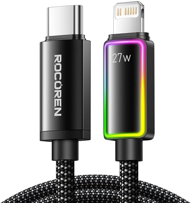 27W Type-C to Lightning RGB Aydınlatmalı Örgülü Şarj ve Data Kablosu 1 Metre