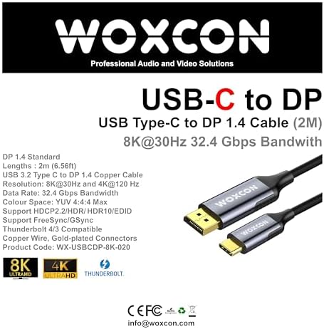 USB-C to Display Port Cable, DP1.4, USB 3.2 Standart, 8K 30Hz, 4K 120Hz Desteği, Thunderbolt 4, Thunderbolt 3, 2 Metre, En Yeni Model