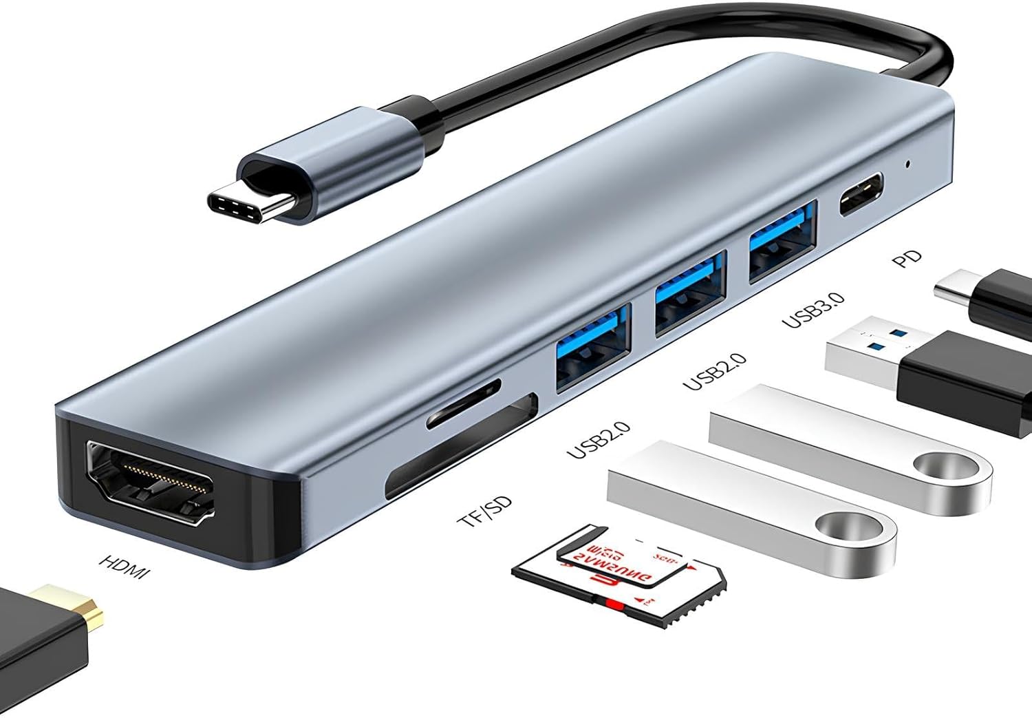 Type C Hub (7 Port), 100W PD Şarj ve Veri Transfer Type-C Port 4K 30HZ veya 1080P 60HZ HDMI, 1 Adet USB 3.0 Port 2 Adet 2.0 Port, MiroSD ve SD Kart Okuyucu Pro/Air vb. Uyumlu