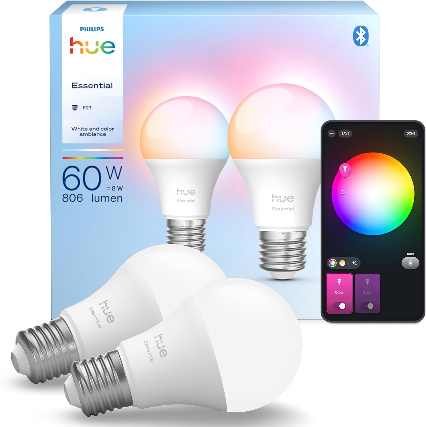 Hue 8W E27 806 Lumen Renkli Akıllı Ampul A60 (2'li Ekopaket)